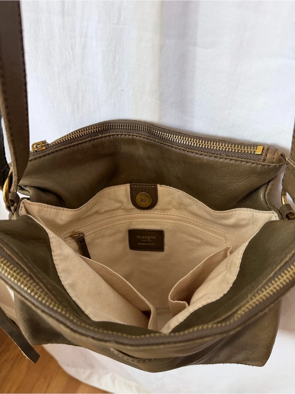 Margot Olive Green Leather Multi Compartment Crossbody Bag